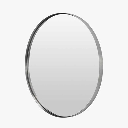 Brushed Silver Metal Slim Frame Round Wall Mirror Small - Modern Minimalist Design