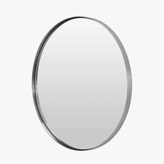 Brushed Silver Metal Slim Frame Round Wall Mirror Large – Modern Minimalist Design