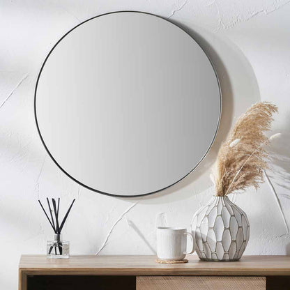 Brushed Silver Metal Slim Frame Round Wall Mirror Medium - Modern Minimalist Design