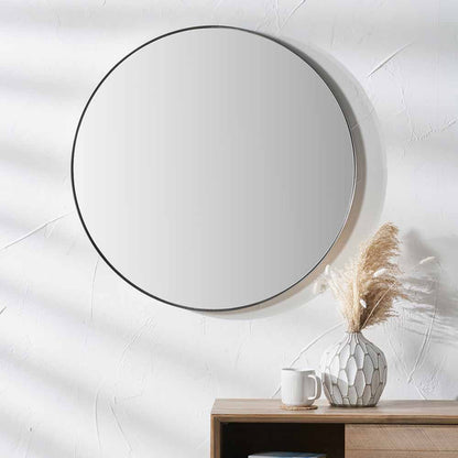 Brushed Silver Metal Slim Frame Round Wall Mirror Small - Modern Minimalist Design