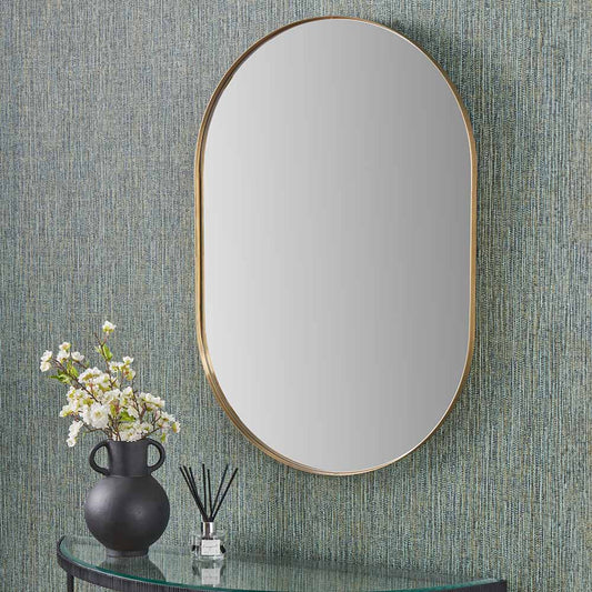 Brushed Gold Oval Wall Mirror – Slim Frame, Modern Minimalist Design