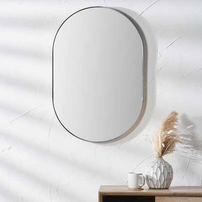 Brushed Silver Oval Wall Mirror – Slim Frame, Modern Minimalist Design