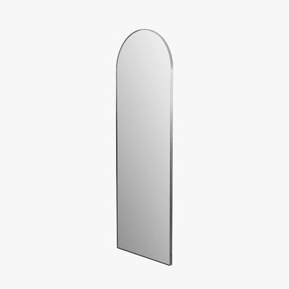 Brushed Silver Metal Slim Frame Arch Floor Mirror. Dimensions W70xD3xH200cm. This full-length mirror makes a bold statement, its arched shape and slim brushed silver frame blend contemporary style with classic charm. Shop online today at www.nobleandnook.co.uk