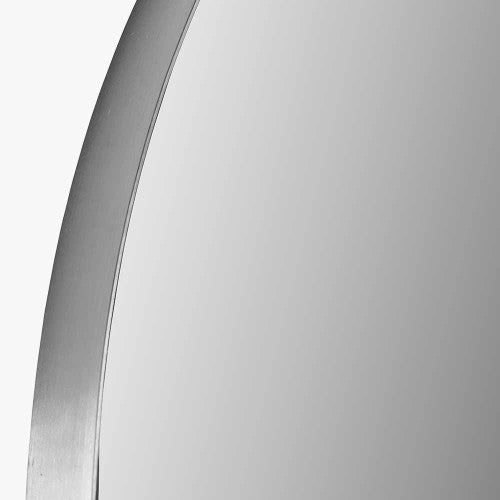 Brushed Silver Metal Slim Frame Arch Floor Mirror. Dimensions W70xD3xH200cm. This full-length mirror makes a bold statement, its arched shape and slim brushed silver frame blend contemporary style with classic charm. Shop online today at www.nobleandnook.co.uk