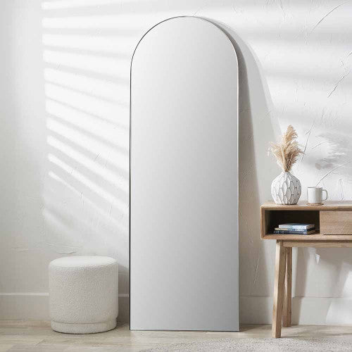 Brushed Silver Metal Slim Frame Arch Floor Mirror. Dimensions W70xD3xH200cm. This full-length mirror makes a bold statement, its arched shape and slim brushed silver frame blend contemporary style with classic charm. Shop online today at www.nobleandnook.co.uk