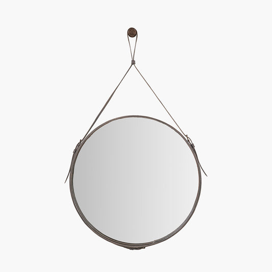Peppercorn Leather Frame Round Wall Mirror – Sophisticated Modern Statement Piece