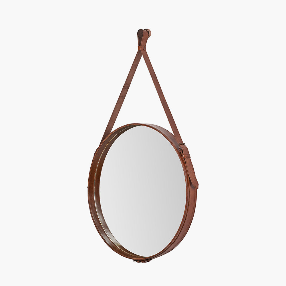 Vintage Brown Leather Frame Round Wall Mirror with Hanging Strap – Large Statement Mirror