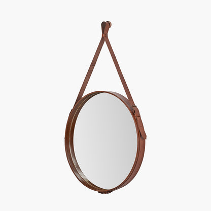 Vintage Brown Leather Frame Round Wall Mirror with Hanging Strap – Large Statement Mirror