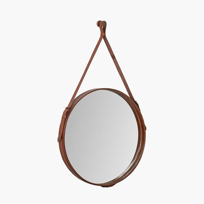 Vintage Brown Leather Frame Round Wall Mirror with Hanging Strap – Large Statement Mirror
