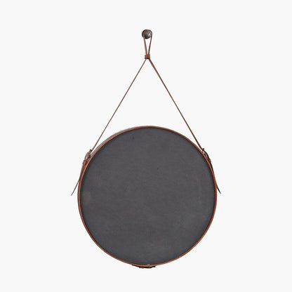 Vintage Brown Leather Frame Round Wall Mirror with Hanging Strap – Large Statement Mirror