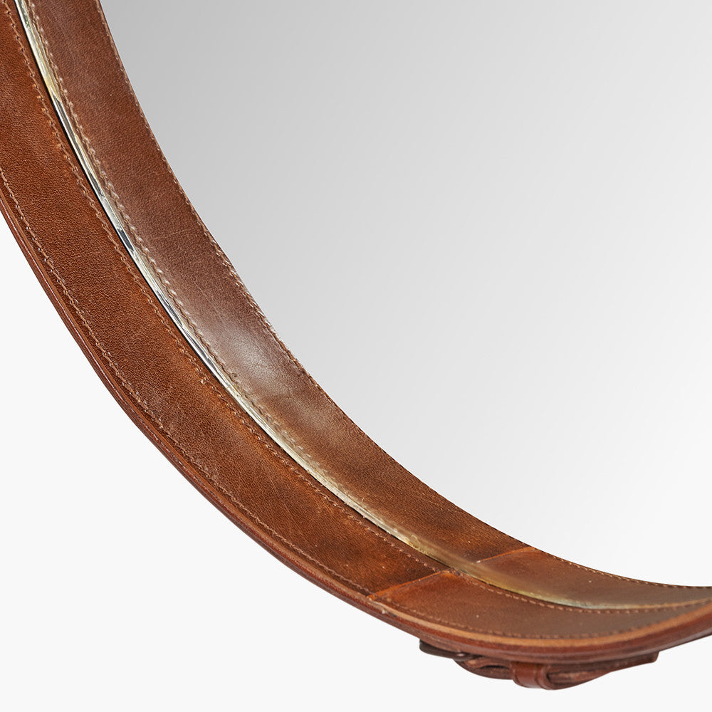 Vintage Brown Leather Frame Round Wall Mirror with Hanging Strap – Large Statement Mirror