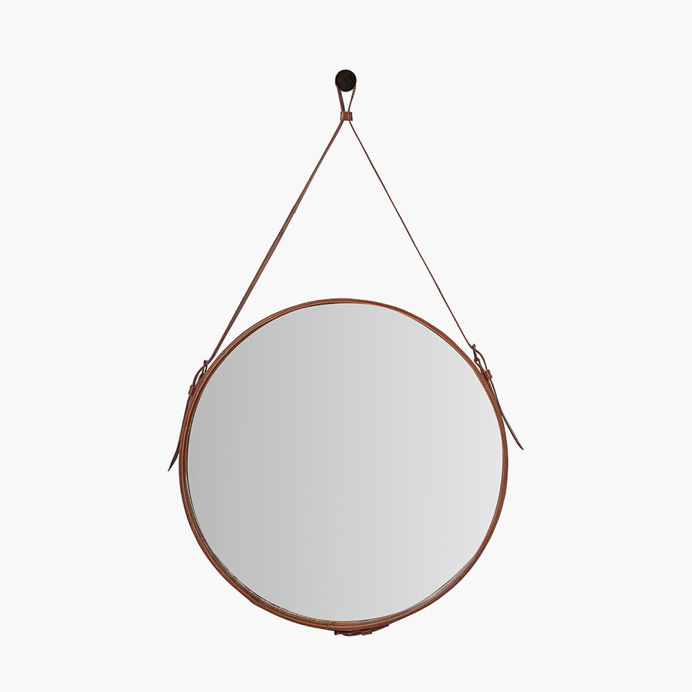 Vintage Brown Leather Frame Round Wall Mirror with Hanging Strap – Large Statement Mirror