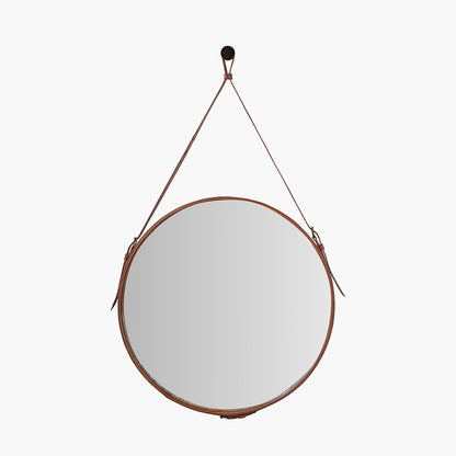 Vintage Brown Leather Frame Round Wall Mirror with Hanging Strap – Large Statement Mirror