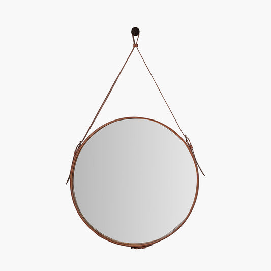 Vintage Brown Leather Frame Round Wall Mirror with Hanging Strap – Large Statement Mirror