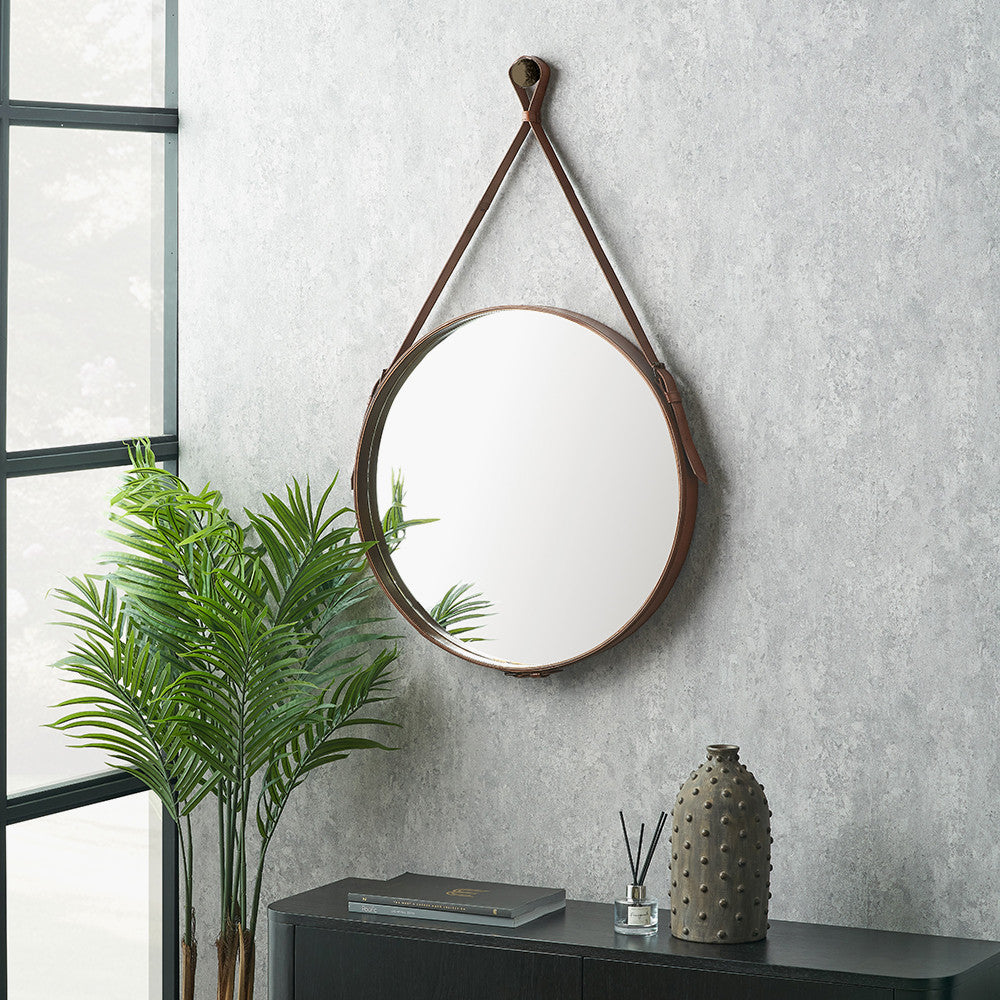 Vintage Brown Leather Frame Round Wall Mirror with Hanging Strap – Large Statement Mirror