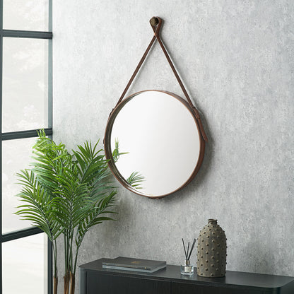 Vintage Brown Leather Frame Round Wall Mirror with Hanging Strap – Large Statement Mirror