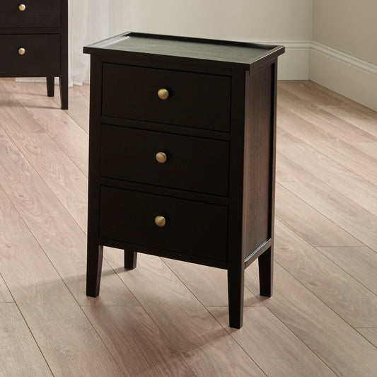 Chelmsford Satin Black Pine 3 Drawer Unit | Modern Bedside Storage Cabinet