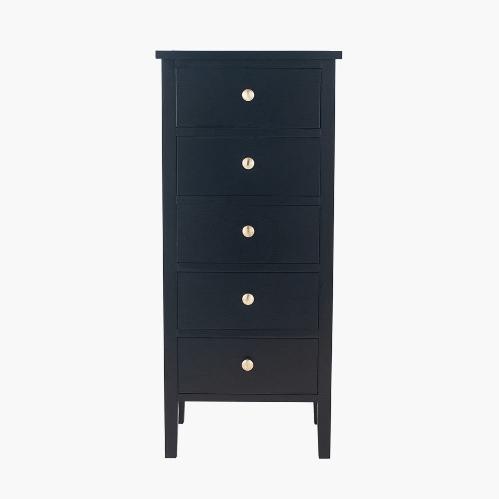 Chelmsford Satin Black Pine Wood 5 Drawer Tall Unit