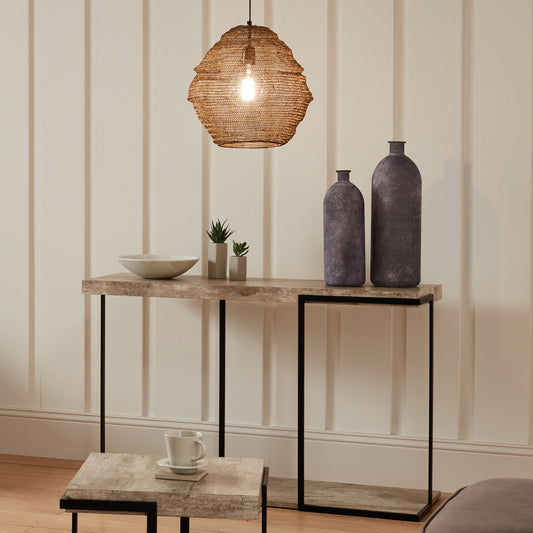 The Jersey Console Table with concrete-effect veneer top and minimalist black iron frame. It’s the perfect functional statement for a contemporary home. Shop online today at www.nobleandnook.co.uk