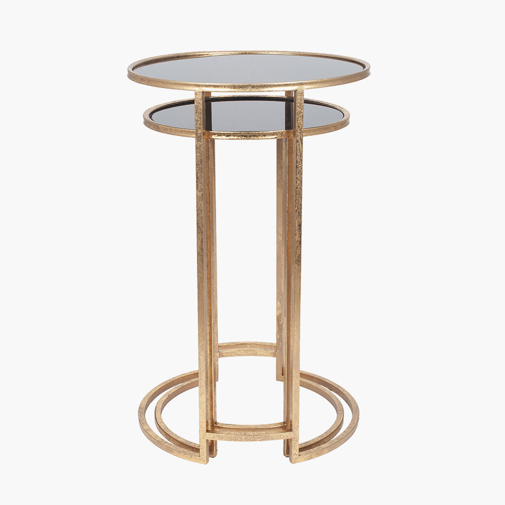 Veneziano Set of 2 Antique Gold Metal & Black Glass Side Tables