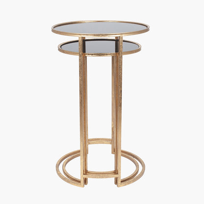 Veneziano Set of 2 Antique Gold Metal & Black Glass Side Tables