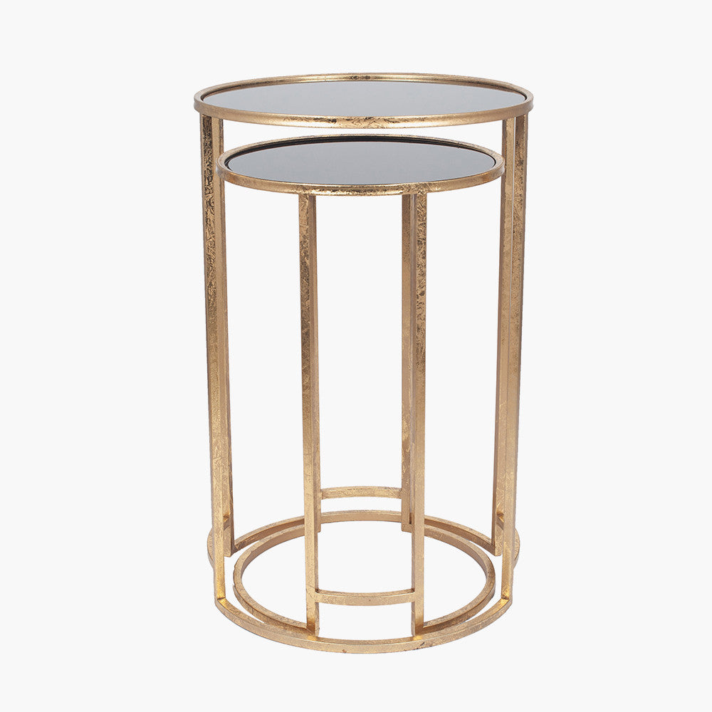 Veneziano Set of 2 Antique Gold Metal & Black Glass Side Tables