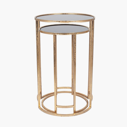 Veneziano Set of 2 Antique Gold Metal & Black Glass Side Tables