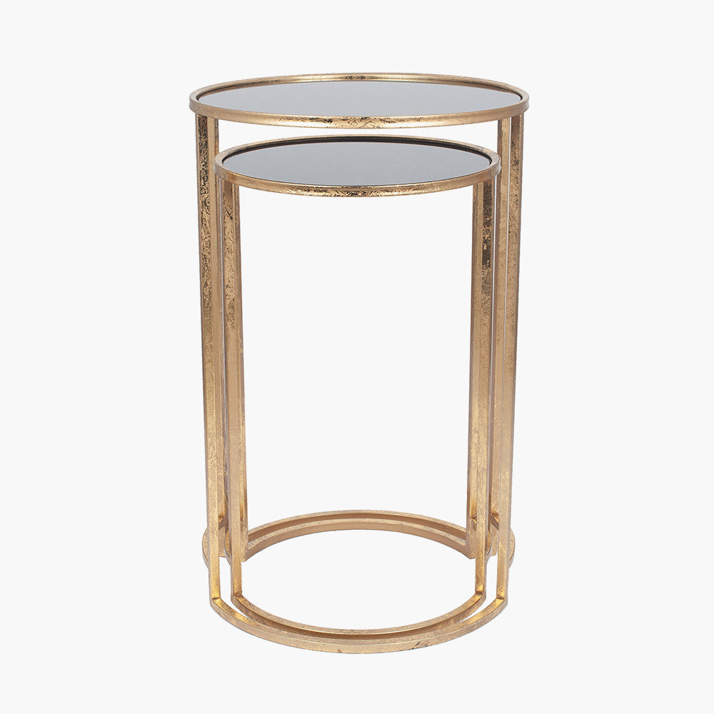 Veneziano Set of 2 Antique Gold Metal & Black Glass Side Tables