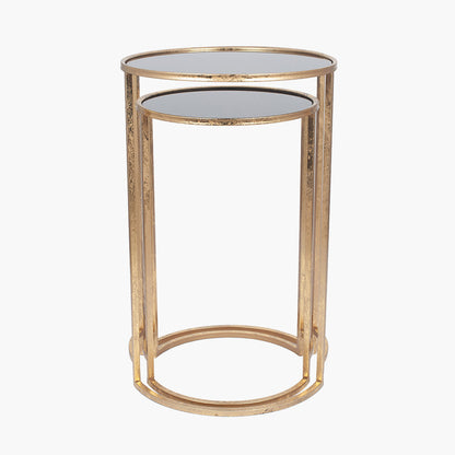 Veneziano Set of 2 Antique Gold Metal & Black Glass Side Tables