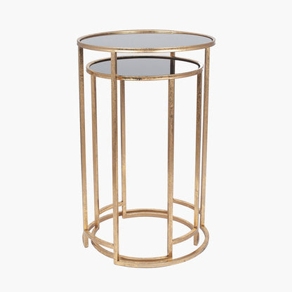 Veneziano Set of 2 Antique Gold Metal & Black Glass Side Tables