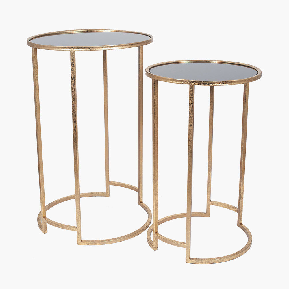 Veneziano Set of 2 Antique Gold Metal & Black Glass Side Tables