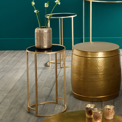 Veneziano Set of 2 Antique Gold Metal & Black Glass Side Tables