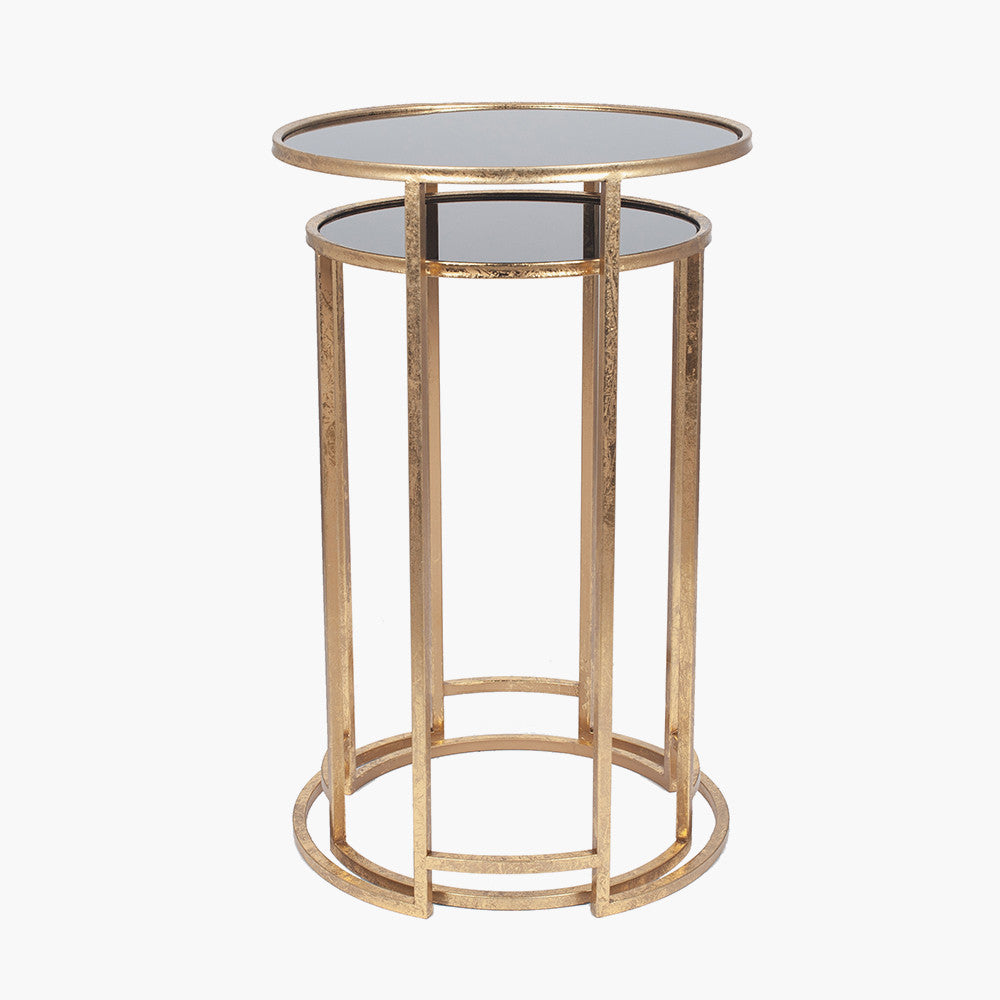 Veneziano Set of 2 Antique Gold Metal & Black Glass Side Tables