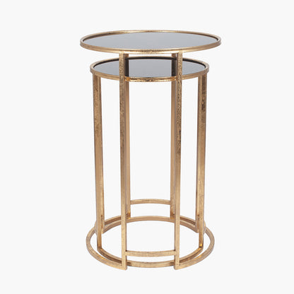 Veneziano Set of 2 Antique Gold Metal & Black Glass Side Tables