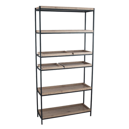 Introduce industrial elegance to your interior with the Gallery 5 Shelf Unit with a matte black metal frame with natural wood veneer shelves. W90xD31xH184cm. Fully Assembled. Available today at www.nobleandnook.co.uk