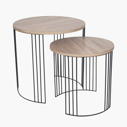 Atri Set of 2 Dark Oak Wood Veneer & Black Metal Side Tables – Modern Nesting Accent Tables