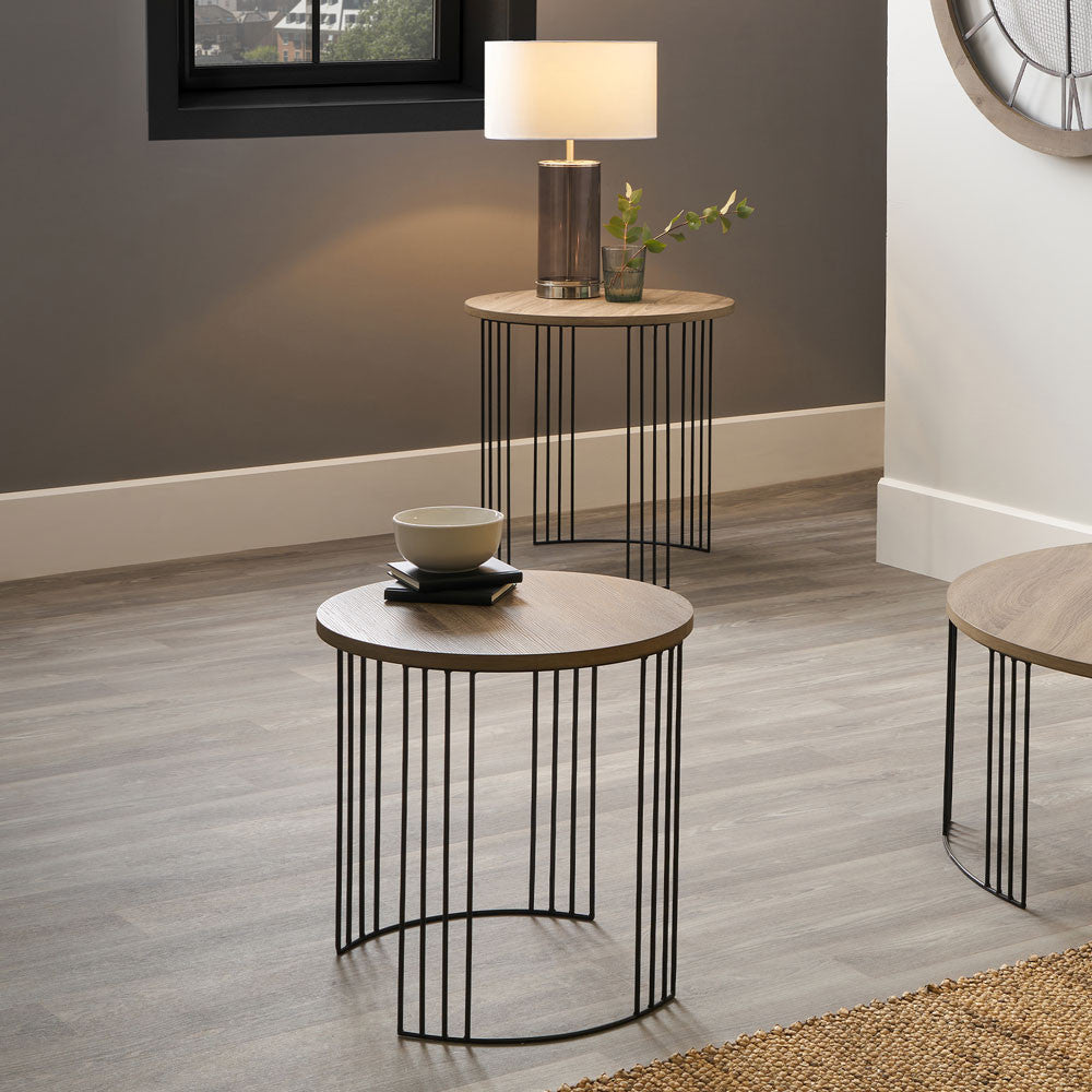Atri Set of 2 Dark Oak Wood Veneer & Black Metal Side Tables – Modern Nesting Accent Tables