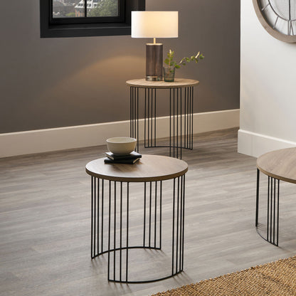 Atri Set of 2 Dark Oak Wood Veneer & Black Metal Side Tables – Modern Nesting Accent Tables