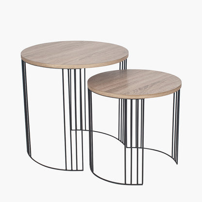 Atri Set of 2 Dark Oak Wood Veneer & Black Metal Side Tables – Modern Nesting Accent Tables