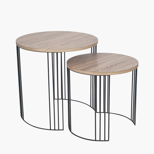 Atri Set of 2 Dark Oak Wood Veneer & Black Metal Side Tables – Modern Nesting Accent Tables