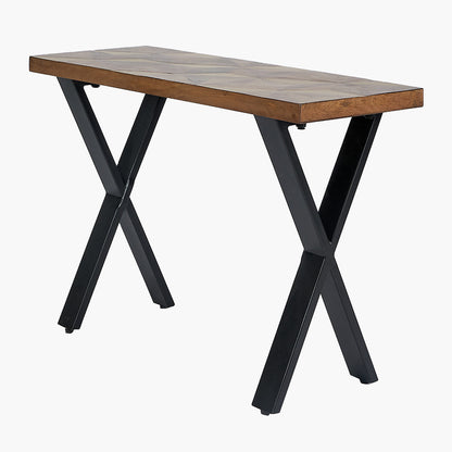Hand crafted from recycled mango wood for an eco-friendly choice with inlaid brass-coloured detailing with triangular geo pattern for visual impact. W108xD41.5xH75.5cm. Shop online today at www.nobleandnook.co.uk