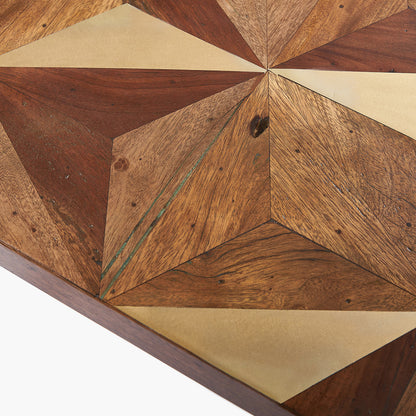 Hand crafted from recycled mango wood for an eco-friendly choice with inlaid brass-coloured detailing with triangular geo pattern for visual impact. W108xD41.5xH75.5cm. Shop online today at www.nobleandnook.co.uk