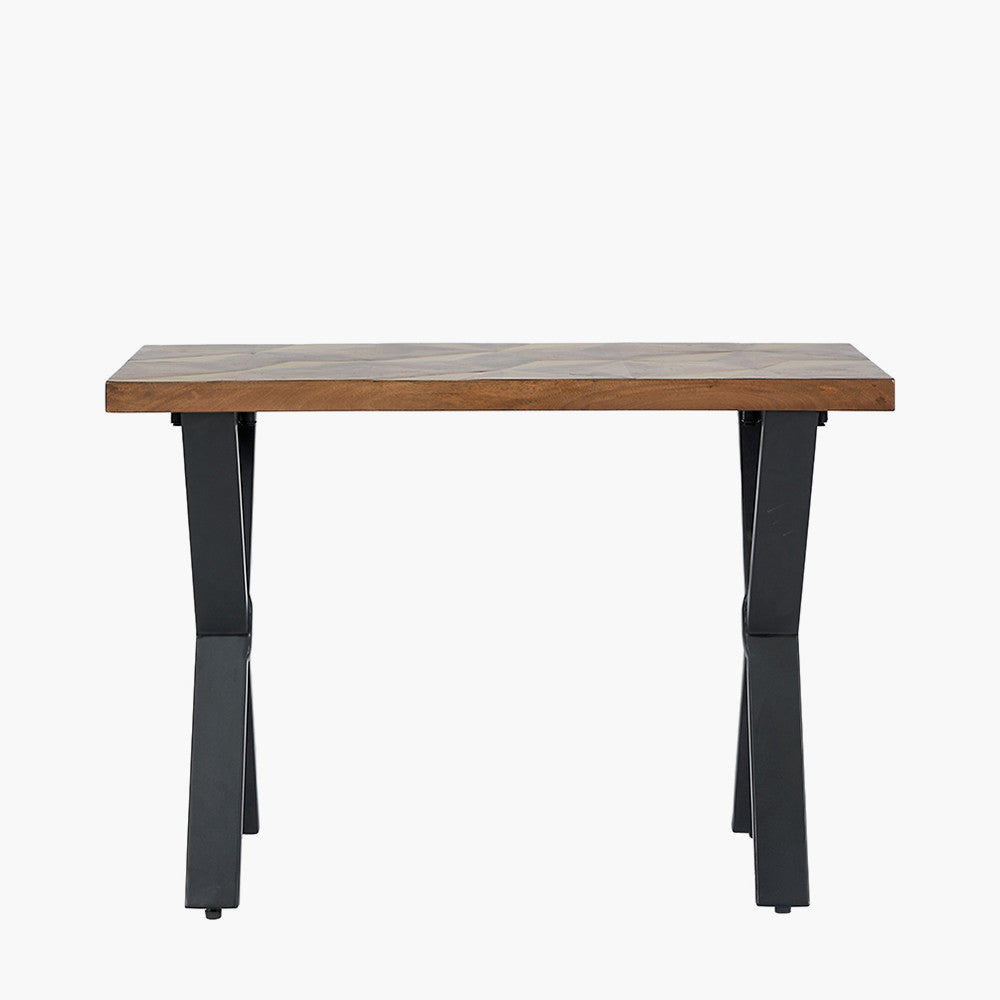 Hand crafted from recycled mango wood for an eco-friendly choice with inlaid brass-coloured detailing with triangular geo pattern for visual impact. W108xD41.5xH75.5cm. Shop online today at www.nobleandnook.co.uk