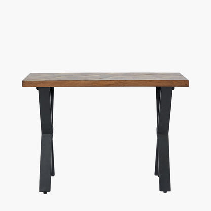 Hand crafted from recycled mango wood for an eco-friendly choice with inlaid brass-coloured detailing with triangular geo pattern for visual impact. W108xD41.5xH75.5cm. Shop online today at www.nobleandnook.co.uk