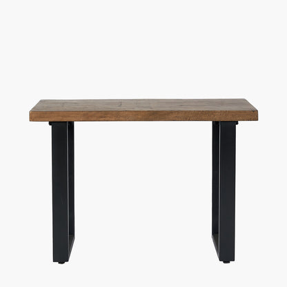The Pahoja Console Table with an intricate inlaid mango wood top and black black iron legs offering a modern edge, perfect functional accent in any space. Available now at www.nobleandnook.co.uk