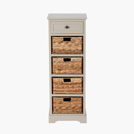 Devonshire Putty Pine Wood 1 Drawer 4 Basket Tall Storage Unit – Rustic Cottagecore Hallway & Living Room Furniture