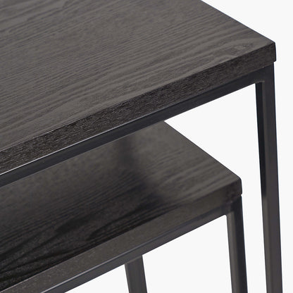 Add bold style and adaptability to your home with the Mashiko Black Ash Veneer and Black Metal Console Tables. Set of two versatile tables with sleek black ash veneer tops. Shop online today at www.nobleandnook.co.uk