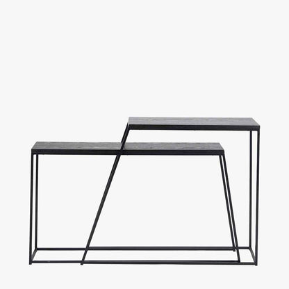 Add bold style and adaptability to your home with the Mashiko Black Ash Veneer and Black Metal Console Tables. Set of two versatile tables with sleek black ash veneer tops. Shop online today at www.nobleandnook.co.uk