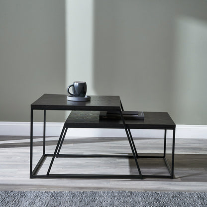 Mashiko Set of 2 Black Ash Veneer and Black Metal Coffee Tables