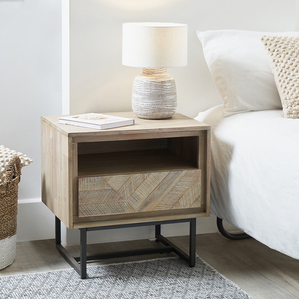 Marca Sand Wash Acacia Bedside Table | 1 Drawer 1 Shelf Wooden Unit